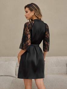 HautHeat Women's Contrast Lace 3/4 Sleeve Elegant Belted Robe