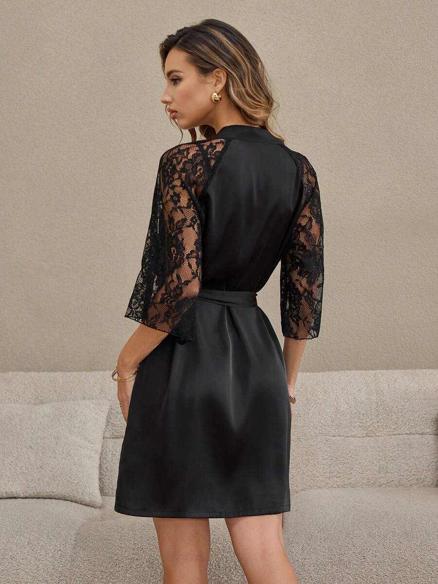 HautHeat Women's Contrast Lace 3/4 Sleeve Elegant Belted Robe