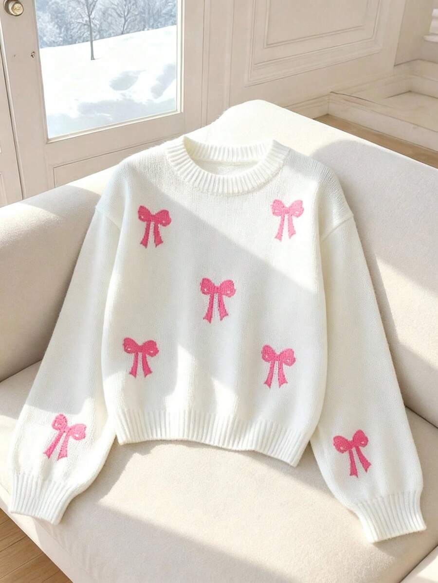 SHEIN 1pc Girls' Sweater,White,Autumn,Cute,Holiday,Back-To-School,Round Neck Embroidered 3D Bow Design Jumper,Soft Comfortable Clothes For Autumn/Winter - White - View 1