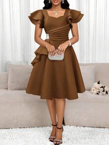 SHEIN Lady Vestido elegante de unicolor con volantes en el bajo y cintura con strass - Café integral - Ver 4