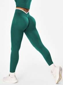 Easithlete 1 Quần bó liền thân co giãn dệt kim màu xanh ô liu dành cho nữ, cạp chữ V, quần legging thể thao thoải mái - Màu xanh lá cây đậm - Xem 6