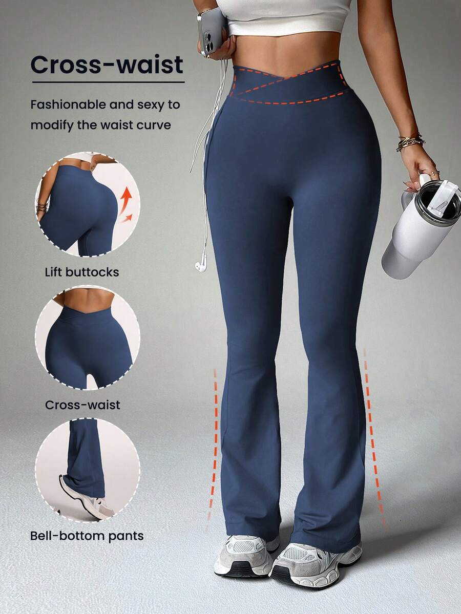 Easithlete Women's Seamless Asymmetric Waist Flare Sports Pants, Solid Color