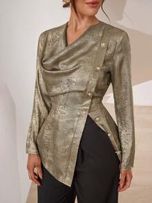 Modelyn Blusa elegante de mujer con textura de metal, cuello solapa y diseño de botones de manga larga - Dorado - Ver 7