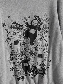 Teletubbies X ROMWE 可爱卡通图案拉链宽松撞色毛边连帽卫衣 - 灰色 - 查看 5