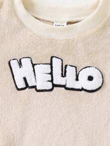 Young Boy复古焦糖棕色灯芯绒口袋翻领纽扣夹克搭配浅桃色柔软保暖羊毛英文“HELLO”衬里服装套装 - 咖啡棕 - 查看 11