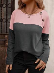 EMERY ROSE Kaos Wanita Ukuran Besar Lengan Panjang Leher Bulat Blok Warna, Motif Kotak-kotak Kecil Warna Pink dan Abu-abu dengan Kancing, Desain Kancing, Kasual Elegan untuk Sehari-hari di Musim Gugur - MultiWarna - View 3