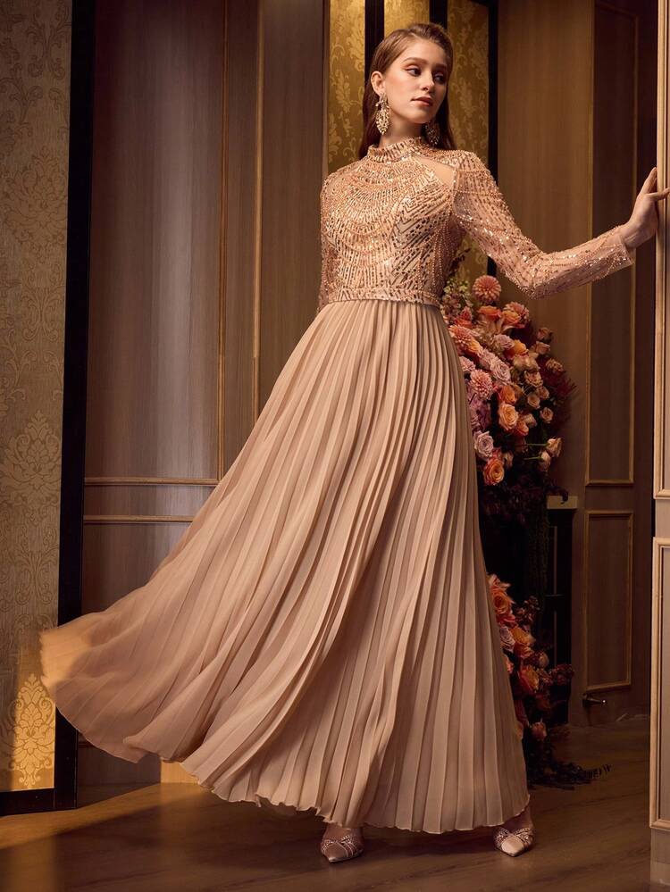 MOTF Soiréza ELEGANT WOMEN'S LONG SLEEVE STAND COLLAR FLOOR-LENGTH EVENING GOWN – CUT OUT DESIGN BODICE, BEADED FABRIC WITH CHIFFON PANELS, PLEATED HEM & FITTED SILHOUETTE FOR WEDDINGS, GALAS & FORMAL EVENTS & BLACK TIE GALAS, RED CARPET EVENTS, LUXURY WEDDING RECEPTIONS, AND AWARD CEREMONIES WEDDING PROM & FORMAL PARTIES