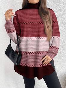EMERY ROSE Thanksgiving Maillard Color Block Striped Print Casual Loose Fit Turtleneck Long T-Shirt For Plus Size Women, Suitable For Autumn/Winter, Christmas, New Year