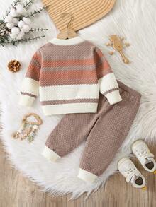 SHEIN Vintaside Kids 男婴条纹针织毛衣裤套装，舒适时尚，适合休闲穿着，居家、日常外出和旅行，秋冬季皆宜。 - 彩色 - 查看 2