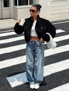 SHEIN EZwear Áo khoác ngắn màu đen dành cho nữ, có lớp lót, cổ lông và họa tiết thêu, thích hợp cho mùa đông. - màu đen - Xem 5