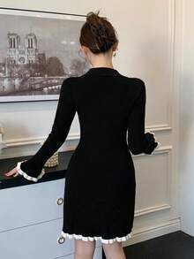 DAZY Vestido de punto con botones y ribete de bloques de color para mujer, otoño/invierno - Negro - Ver 6