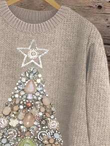 Glissea Colorful Comfortable Christmas Sweater, Women's Round Neck Long Sleeve Star & Christmas Tree Pattern Top, Christmas Gift - Apricot - View 3