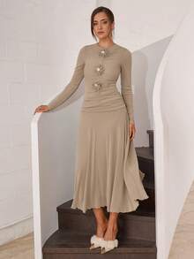 Modelyn Women's Round Neck Long Sleeve Floral Decor Pleated Elegant Dress - Khaki - View 6