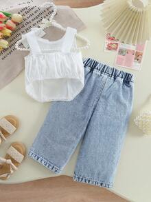 Baby Girls' Elegant Butterfly Camisole Top And Denim Pants 2 Pieces Set - Beige - View 2