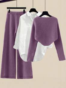 GlowEve Women's Solid Color Minimalist Long Sleeve Top And Pants Knit Two Pieces Set, Casual Everyday Wear - Violet Purple - View 2