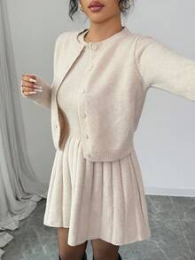 Elenzga 女士灰色时尚连衣裙和开衫毛衣两件套 - 杏色 - 查看 6