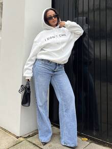 NegzBox Casual Simple "I Don't Care" Graphic Print White Hooded Long Sleeve Loose Thick Fleece Sweatshirt For Women Back To School Fall And Winter Clothing Hoodie - White - View 4