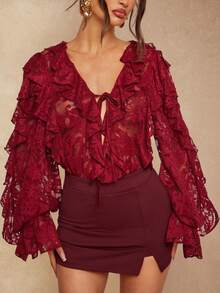 Silquee Romantic Solid Red, Burgundy, Bordeaux Red, Lace V-Neck Long Puff Sleeve Tie Front Sexy Elegant Blouse Shirt For Women, Suitable For Valentine's Day, Christmas, Date, Party, Wedding, Cocktail Events - Burgundy - View 10