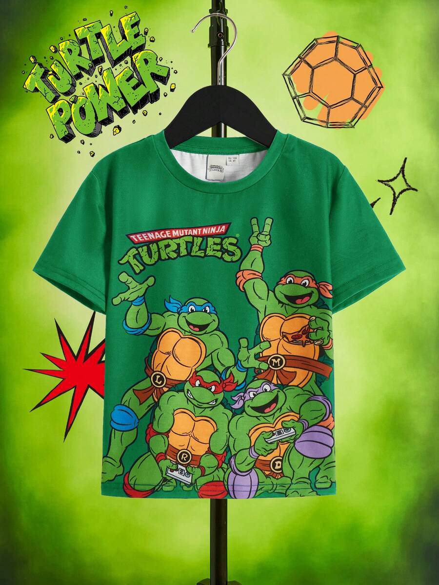 TEENAGE MUTANT NINJA TURTLES | SHEIN Young Boy Cartoon Pattern Round Neck Drop Shoulder Green Short Sleeve T-Shirt
