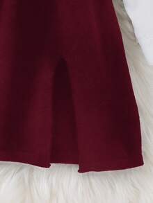 SHEIN 1件少女简约休闲优雅无袖开衩设计常规厚度圆领百搭长款针织衫，日常穿着，春秋季酒红色连衣裙长袖连衣裙女童连衣裙冬季时尚连衣裙纯色连衣裙酒红色连衣裙女童红色连衣裙酒红色连衣裙冬季女童秋冬 - 酒紅色 - 查看 5
