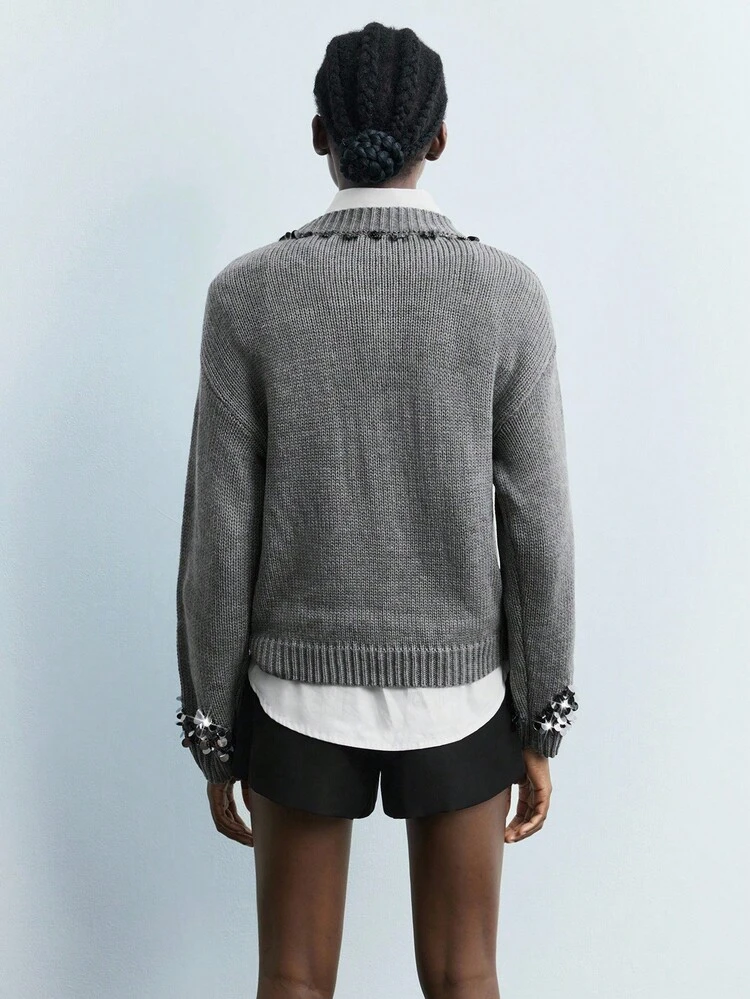 SHEIN Maija Women's Dark Gray Oversized Round Neck Pullover With Sequins Embellishment, Versatile, Comfortable, Loose Fit, Long Sleeve, Casual, Chic, Suitable For Spring, Autumn, Winter, Office, Commuting, Social Events, Parties Modern Urban Casual Fashion Business Casual Women's Office Wear Low-Key Old Money Style Effortless Temperament High-End Urban Commuting High-Quality Airport Women's Wear High-End Material Versatile And Comfortable Sweater For Fall And Winter Versatile And Comfortable