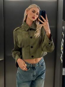 Siren Gaze Damen Kurze Wildleder Knopfjacke - Revers Kragen, Einreihig, Langarm Lässig Oberbekleidung, Frühling, Herbst, Winter - Armeegrün - Übersicht 8