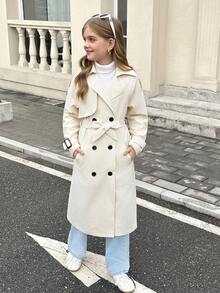 SHEIN Tween Girl Double Breasted Turndown Collar Loose Fit Long Trench Coat, Casual Military Style, For Commuting & Outdoor, Back To School, Autumn Winter Outfits Girl Coat Fall Coat For Tween Girls Tween Trench Coat Girls Coat