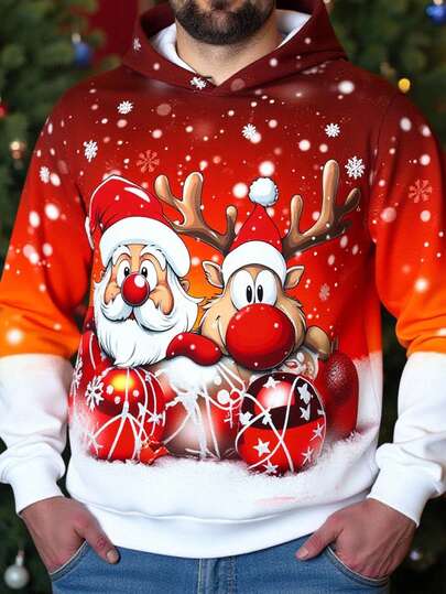Manfinity RelaxMax Męska bluza z kapturem w kontrastowym kolorze z motywem Świętego Mikołaja, renifera, prezentu i płatka śniegu na Boże Narodzenie