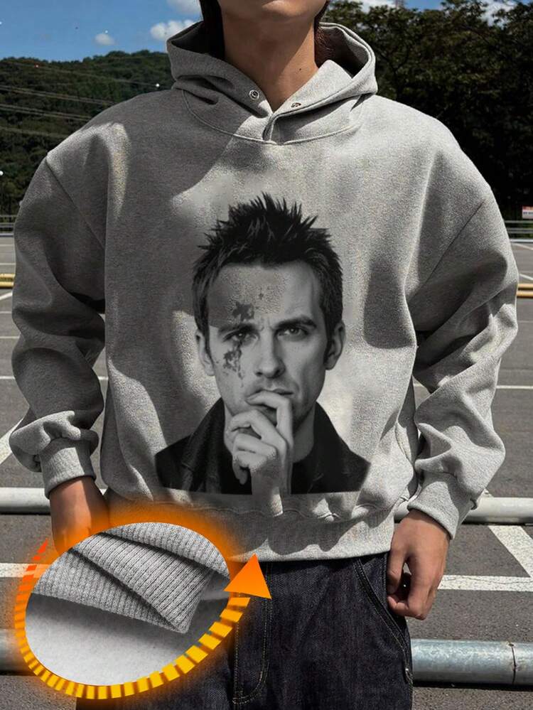 Men's Graphic Print Thermal Lined Short Hoodie, Grey, Autumn/Winter