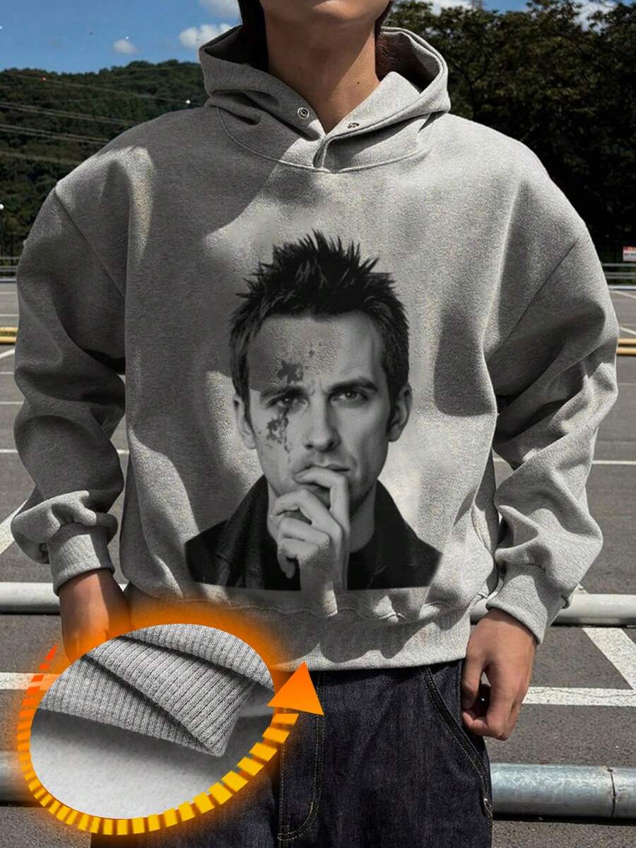 DAZY Herren Grafik-Muster Thermofutter Kurz-Hoodie, Grau, Herbst/Winter - Grau - Übersicht 1