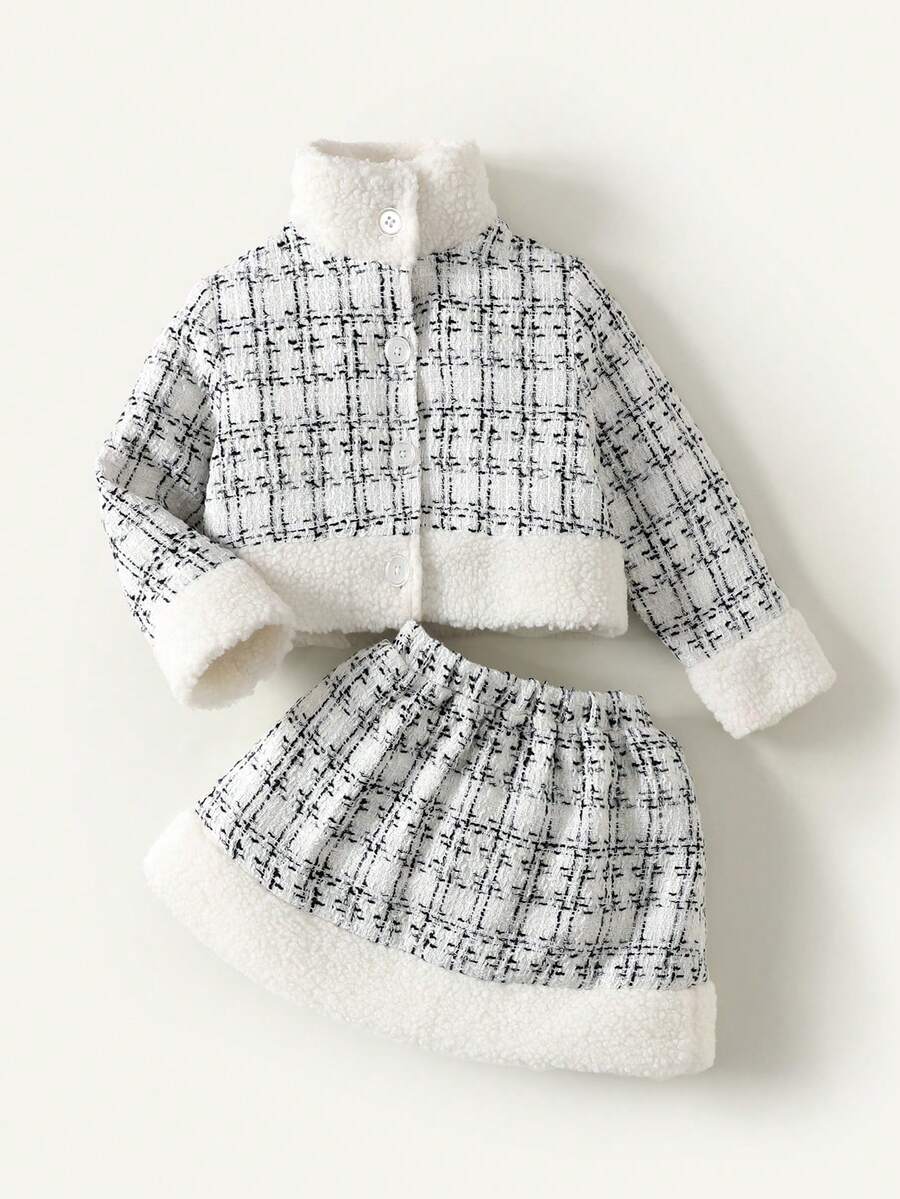 Maija Kids 年轻女孩粗花呢拼布仿毛领夹克和裙子休闲套装 - 黑與白 - 查看 1