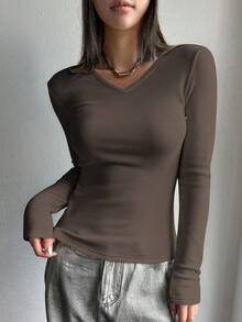 FRIFUL 女士V领插肩长袖修身保暖上衣 - 棕色 - 查看 5