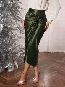 Modelyn Women's Elegant Knitted Elastic Satin Fabric Twist Drape Skirt - Olive Green - View 4