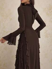 SHEIN Tall 女士优雅咖啡棕色长袖高领荷叶边下摆连衣裙，适合约会、派对、正式场合、秋冬季 - 咖啡棕 - 查看 3