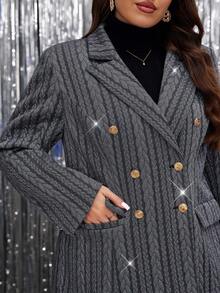 SHEIN LUNE 大码女式纹理翻领长袖休闲西装外套，秋冬 - 灰色 - 查看 1