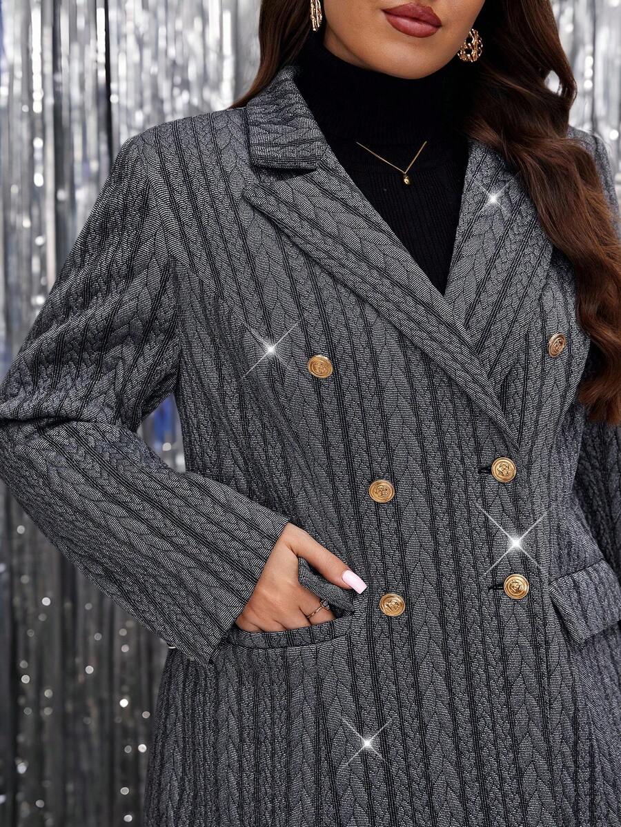 SHEIN LUNE 大码女式纹理翻领长袖休闲西装外套，秋冬 - 灰色 - 查看 1