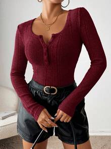Siren Gaze 女士休闲针织百搭基础款圆领半扣罗纹针织长袖修身T恤 返校T恤 教师T恤 教师服装 秋季女装上衣 秋季女装 - 酒紅色 - 查看 6