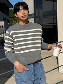 DAZY Men's Gray Striped Crew Neck Sweater, Autumn - Grey - View 6