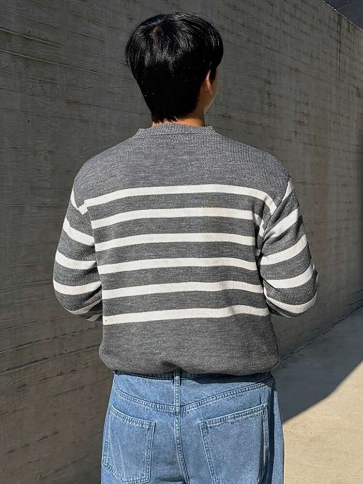 Men's Gray Striped Crew Neck Sweater, Autumn