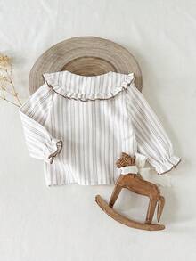 SHEIN Áo sơ mi dài tay cổ bèo nhún kẻ sọc dọc cho bé gái, thích hợp cho mùa xuân/thu khi chơi ngoài trời, chụp ảnh, mặc hàng ngày và đi học - Màu be - Xem 2