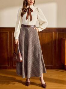 Vintamour Áo sơ mi nữ cổ điển thanh lịch với nơ và cúc áo phối màu tương phản, thích hợp cho công sở, kỳ nghỉ và các dịp lễ hội mùa đông, Giáng sinh, năm mới, năm mới thanh lịch dành cho nữ. - Màu be - Xem 7