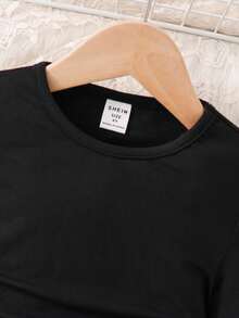 SHEIN Bộ 2 áo thun trơn cổ tròn xếp ly thường ngày và quần ống loe ôm sát cho bé gái - màu đen - Xem 5