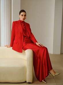 ZEYLAH Satin Patchwork Elegant Women's Blazer Jacket With Lapel Neck And Double-Breasted Buttons - Red - View 1