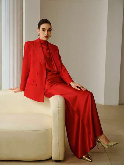 ZEYLAH Satin Patchwork Elegant Women's Blazer Jacket With Lapel Neck And Double-Breasted Buttons