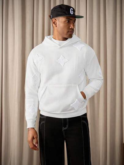 RivetRise Men's Fashion Long Sleeve Hooded Sweatshirt With Rhombus Pattern And 3D Towel Embroidery, INS Style