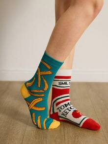 Y2Kool 1 par de calcetines desparejados creativos con estampado de tomate y papas fritas, calcetines tipo medio-pantorrilla con letras, cómodos y casuales, adecuados para uso diario, unisex - Multicolor - Ver 3