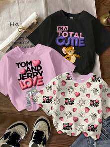 TOM & JERRY X SHEIN Young Girl Casual Letter & Cartoon Graphic Round Neck Short Sleeve T-Shirt, Summer - Multicolor - View 1