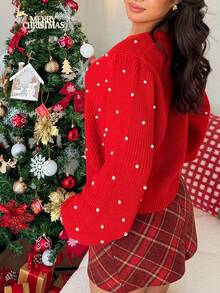 Chiquease Cardigan en tricot à col V unicolore pour femmes Islaluna, manches longues, élégant et décontracté, orné de perles et de boutons personnalisés, avec des détails artisanaux, convient pour le travail, les vacances, les événements décontractés et les fêtes