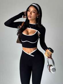 Dewbera 女士无缝罗纹运动套装，长袖披肩领上衣，撞色背心，高腰紧身打底裤，运动健身三件套，健身紧身裤三件套，女士健身套装 - 黑色 - 查看 3