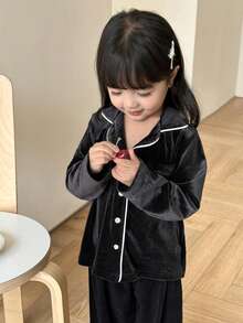 SHEIN 女童休闲翻领纽扣衬衫/裤子睡衣套装 - 黑色 - 查看 3